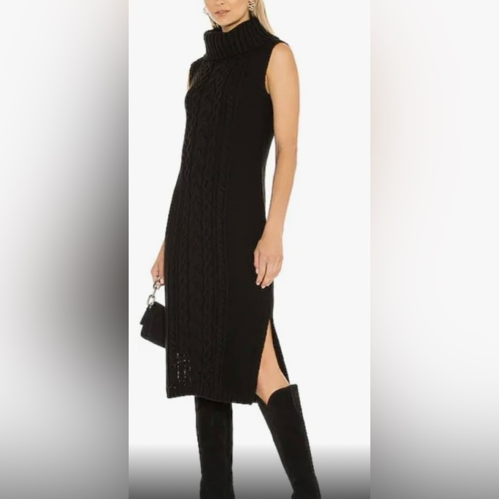 WHO WHAT WEAR rib knit turtleneck sleeveless midi black side slit NEW size S
